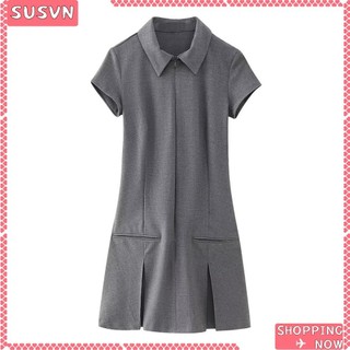 Đầm Mini OYXJJP, Váy Nữ Tay Ngắn Dây Kéo Phía Trước, Thời Trang Cổ Tròn Rộng Xếp Ly Váy Ngắn Thoáng Khí Cho Nữ Cô Gái