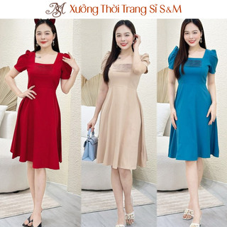 Đầm xòe cổ vuông xếp ly, tay phồng S&M - GR0252