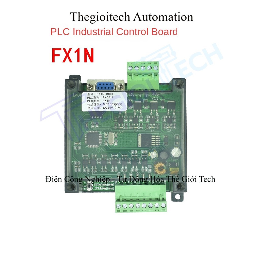 Board mạch PLC JX FX1N 10MR: 6 Input 4 Output Relay, RS232 9,6kbps, 24VDC, Vỏ Gắn Ray, GX Works2 Mit