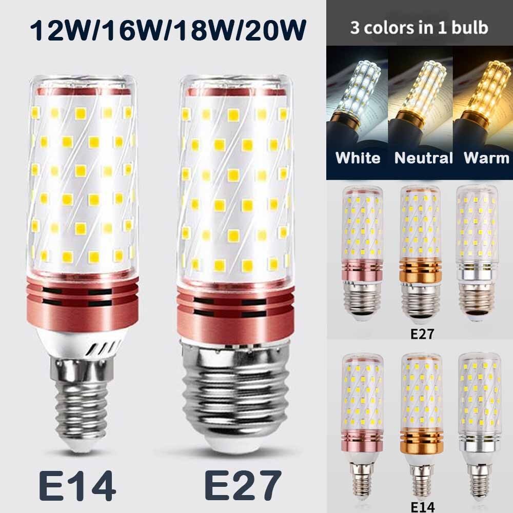Bóng Đèn Led 220V E14 Bóng Đèn Led Nến E27 Bàn Đèn Ngô Led Ba Màu Nhiệt Độ 12W 16W 18W 20W Đèn Chùm 