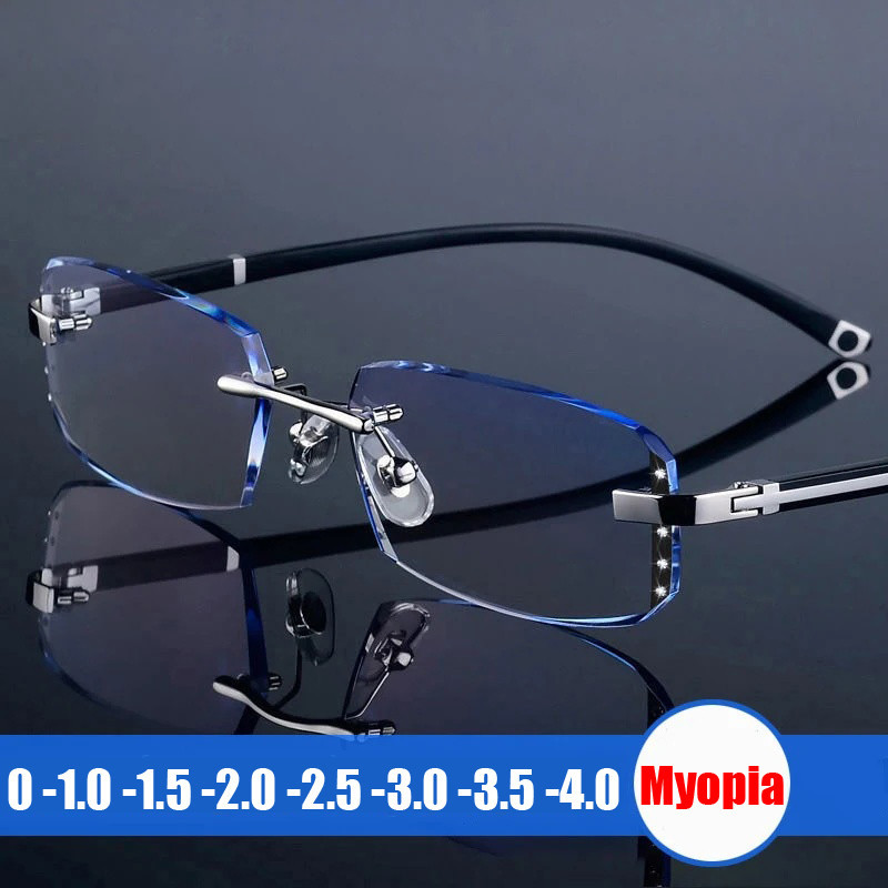 Sang Trọng Không Khung Kim Cương Cắt Cạnh Minus Kính Dành Cho Nam Nữ Siêu Nhẹ HD Chống Ánh Sáng Xanh Cận Thị Kính Diopter 0 Đến -4.0