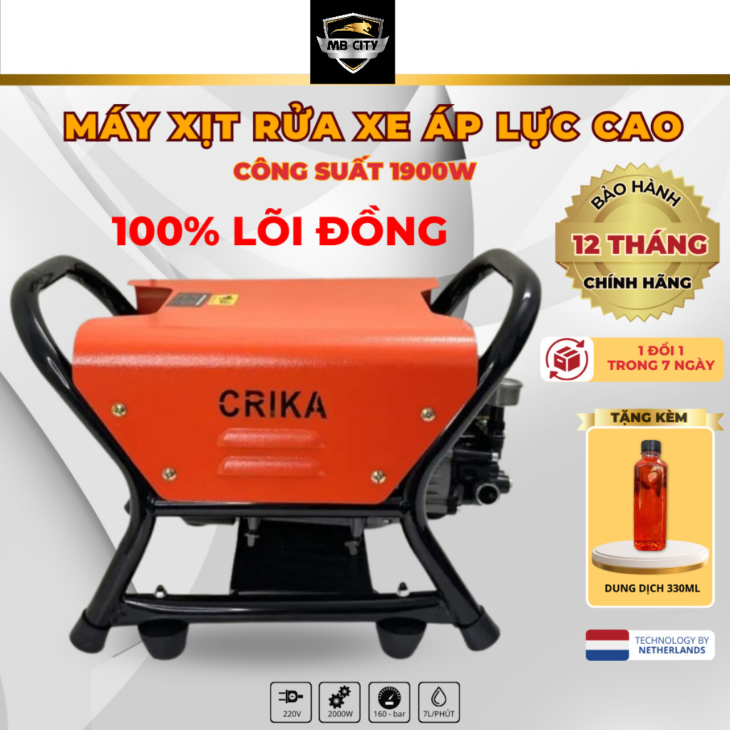 Máy rửa xe gia đình cao áp CRIKA1900PRE lõi đồng, dây cao áp dài 15m, có chỉnh áp, xịt rửa xe máy, ô tô, sân vườn