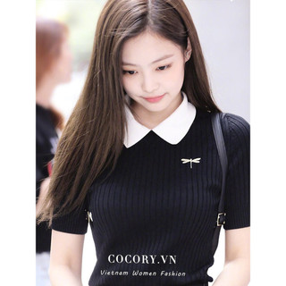 Cocorygirl Blackpink Jennie Gợi Cảm Mỏng Chuồn Chuồn Thêu Cổ Polo Tay Ngắn Áo Thun Nữ Quần Áo Dệt Kim Top