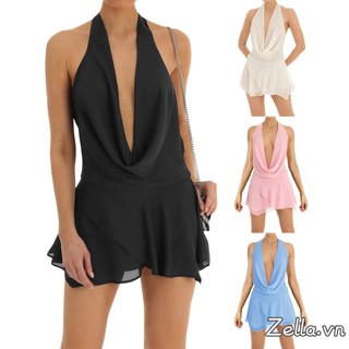 Váy ngắn mùa hè dành cho nữ Váy treo cổ không tay màu trơn cho kỳ nghỉ