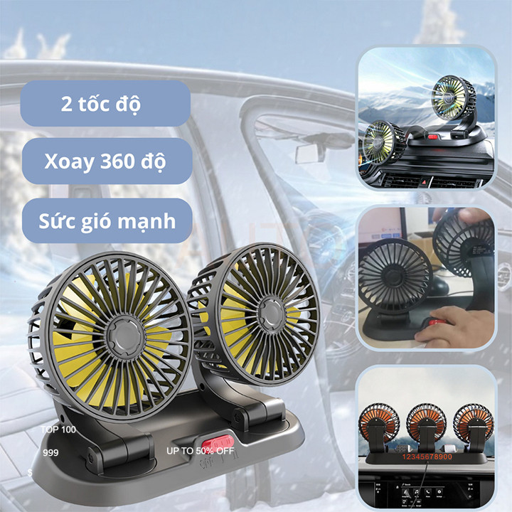 Quạt máy đôi mini 12v, 24v xoay 360 tiện ích trên ô tô, xe hơi cao cấp