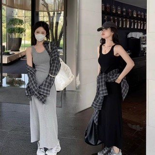 Áo Vest Màu Xám Đầm Nữ 2024 Phong Cách Mới Sling Váy Dài Gợi Cảm Skinny Chữ a Váy Thường Ngày