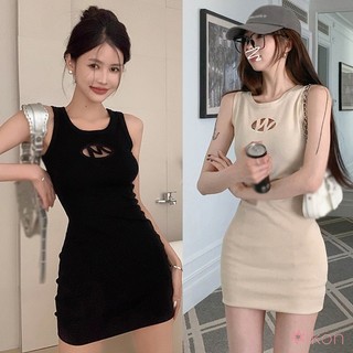 Mùa hè Hàn Quốc cổ tròn Slim Fit chữ skinny váy dệt kim gợi cảm