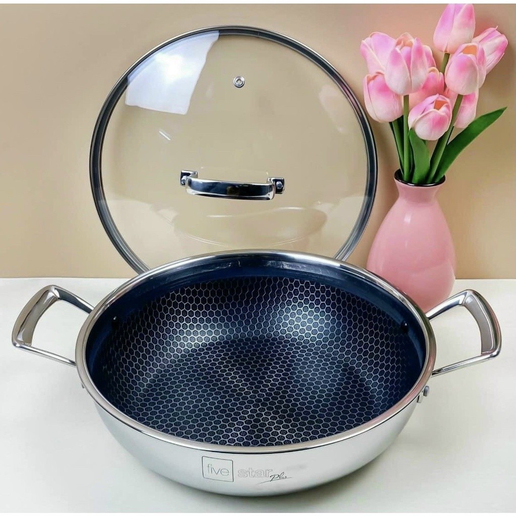 Chảo Back Cube 3 Lớp Sâu 2 Quai Tổ Ong Cán Đúc Nắp Kính FiveStar