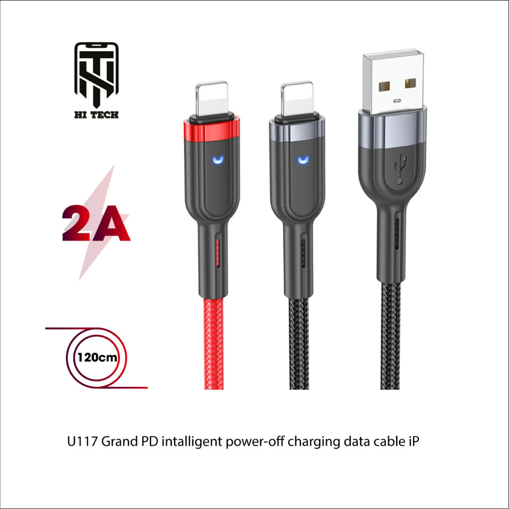 Cáp sạc tự ngắt, cáp sạc nhanh hoco U117 hỗ trợ sạc nhành 2.4A và tắt nguồn thông minh, dây dài 1m2 gồm 2 màu Đen/Đỏ.