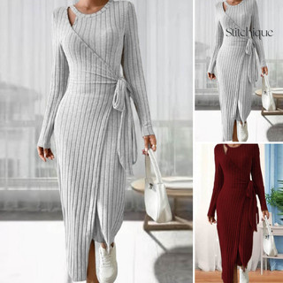 Stitchique _ Nữ Thu Đông Đầm Rỗng Quấn Thắt Lưng Cổ Tròn Không Đều Viền Dài Tay Dệt Kim Màu Co Giãn Sọc Đầm Maxi Nữ