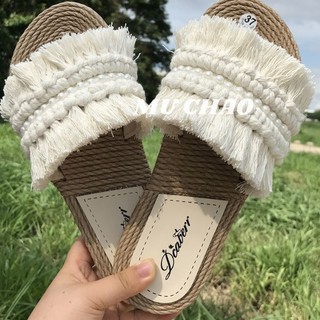 Dép Nữ Mới Pháp retro Phong Cách Khu Nghỉ Dưỡng Dệt Giả Dây Gai Dây Đeo Dép