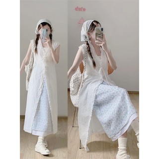 Váy Liền Hai Dây Thắt Nơ Bên Tai Gỗ Phong Cách Hàn Quốc Dịu Dàng Mùa Hè Váy Hoa Nhí