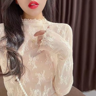 Phong Cách Hàn Quốc Tất Cả Trận Đấu Ren Lưới Xem Qua Đáy Thời Trang Nửa Cổ Cao Phù Hợp Với Quần Lót Ren Top Nữ Gợi Cảm Skinny Dài Tay Top XTUE