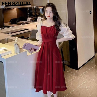 Fengziduo Váy dự tiệc sang trọng dành cho nữ Bigsize dài tay Pho ̂ co vuo ̂ ng Bụng ôm eo mùa hè Phong cách Hàn Quốc Thời trang đẹp mắt