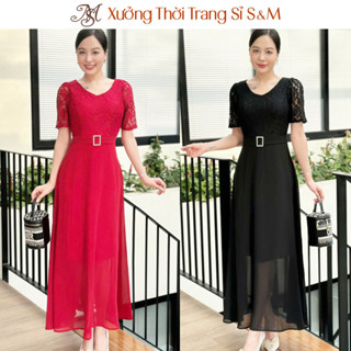 Đầm trung niên tặng mẹ dự tiệc maxi form dài ren phối tùng chiffon đính khoen eo S&M GR0342 (Hình thật do shop tự chụp)