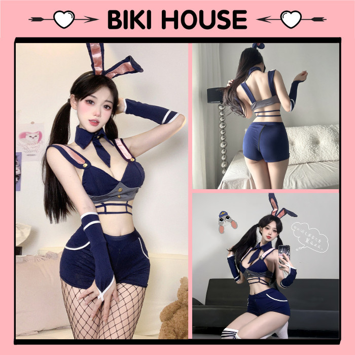 Cosplay thỏ bunny xanh navy xẻ đáy gợi cảm dễ thương set cảnh sát kèm phụ kiện dáng ôm body quyến rũ