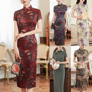 Váy nữ Áo choàng hoa Hiệu suất cổ cao Áo lụa ngắn tay Satin