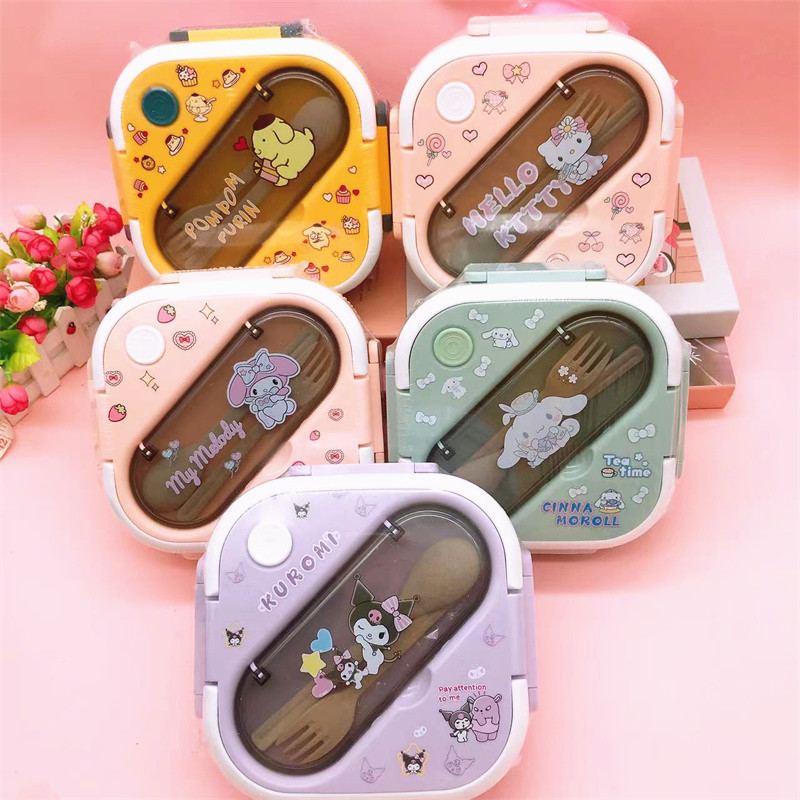 Phong Cách Mới Hộp Bento Kuromi Ngô Chó Hộp Cơm Trưa Di Động Vuông Ba Phần Hộp Cơm Trưa Dễ Thương Vớ