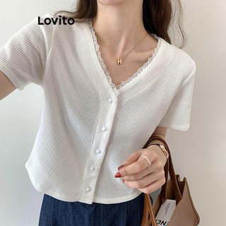 Áo thun Lovito cổ xếp nếp cài nút màu trơn thường ngày cho nữ LNE55112