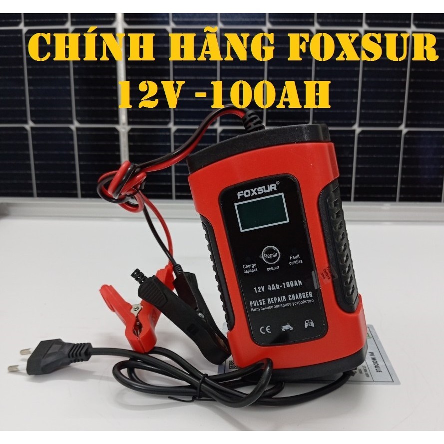 Sạc ắc quy ô tô xe máy 12V 100AH foxsur có khử sun phát thông minh tự ngắt khi đầy - Chính hãng foxsur 100ah