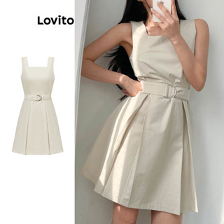 Đầm Lovito có thắt lưng phối khóa xếp nếp màu trơn phong cách thường ngày dành cho nữ L88AD278