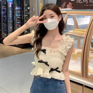 Ccvn Phong Cách Hàn Quốc Nữ Cổ Vuông Nấm Cạnh Xếp Ly Nơ Ngắn Voan Vest