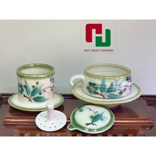 Phin pha cà phê băng sứ bát tràng, bộ phin coffee/ cafe họa tiết vẽ tay sen đỏ, mai xanh