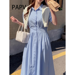 Papv Chic Flip Collar Thắt lưng Áo sơ mi ngực đơn phong cách Váy ngắn tay 2693