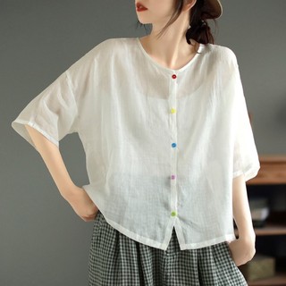 Mùa hè Vải Lanh Cotton Cổ Tròn Phong Cách Văn Học Rời Màu Trơn Nút Chống Nắng Quần Áo