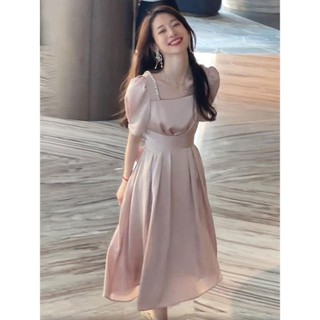 Qihao Tea Break Đầm Pháp Nữ Mùa Hè 2024 Phong Cách Mới Cổ Vuông Cao Cấp Ánh Sáng Trưởng Thành Phong Cách Nhỏ Hồng Váy Dài☁☁0522