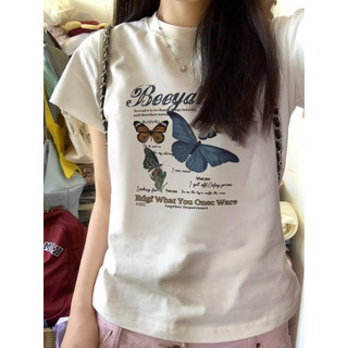 Áo baby tee Áo Thun ôm body Áo y2k Áo thun mùa hè in hình bướm Slim-fit phong cách thông thường