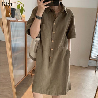 Giyu [Linin] Váy ngắn tay vải lanh, váy ngắn tay cotton mới dành cho nữ, du lịch giản dị thanh lịch
