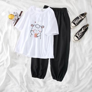 Sét áo Cừu Funny quần bom đen, Áo Thun From rộng mặc cho nam và nữ, chất đẹp FANI DVGIT