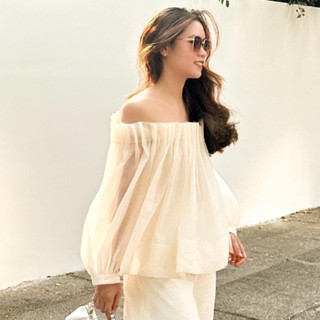 Áo trễ vai xếp ly tay dài vải voan siêu hot