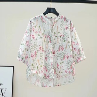 Áo sơ mi in hình 100% Cotton 3 / 4 tay dáng rộng Áo sơ mi nữ hoa