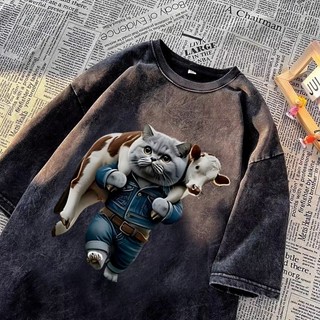 [Áo thun đã giặt] Áo thun ngắn tay mùa hè nam dáng rộng hợp thời trang Cặp đôi đa năng Hip Hop High Street Thương hiệu hợp thời trang Mỹ Áo thun in hình mèo cao bồi cổ điển