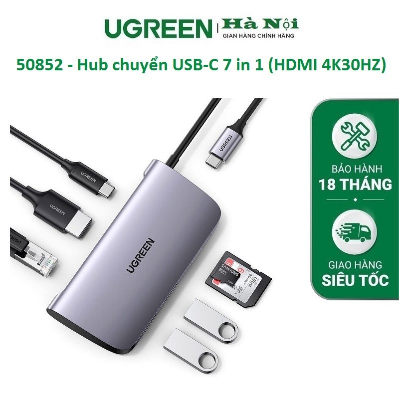 Bộ chia cổng, Hub USB typeC, USB-C to HDMI/ Hub USB 3.0/ SD/TF/Lan Gigabit/ PD 100W Ugreen 50852