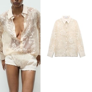 Zara Mùa Hè Sản Phẩm Mới Ve Áo Dài Tay Lụa Satin Họa Tiết Lớp Nhung Khâu Áo Sơ Mi Trong Suốt 7484064