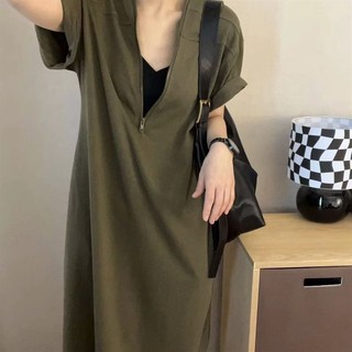 [Linin] Đầm ngắn tay phong cách Hepburn cổ điển Dây kéo Đầm nữ mùa hè cỡ lớn dành cho nữ dáng rộng thon gọn hơn Vỏ bọc bụng thường ngày giữa-