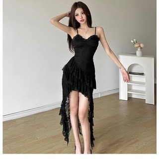 Klalien 2024 Đầm Ren Cổ Chữ V Gợi Cảm Thiết Kế Nữ Cảm Giác Giảm Béo Váy Không Đều