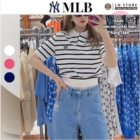 [ Authentic ] MLB - Áo Polo Crop Sọc Kẻ Varsity New York Yankees-3FPQV0143