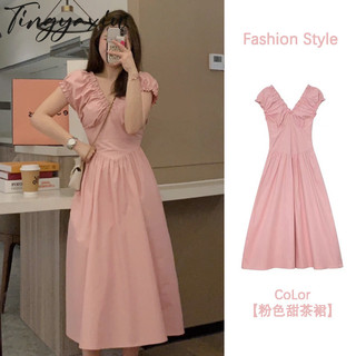 Tingyaxiu Váy cổ chữ v tay phồng nữ màu trơn mới xếp ly váy dài eo Pháp
