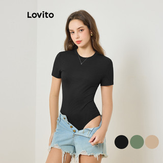 Áo liền quần Lovito dệt kim sọc gân màu trơn phong cách thường ngày cho nữ L83ED036