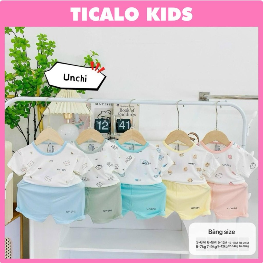 [UNCHI] Bộ Quần Áo Cộc Tay Cho Bé Sơ Sinh - Quần Màu, Áo Trắng Hoạ Tiết, Chất Petit, Mềm Mịn
