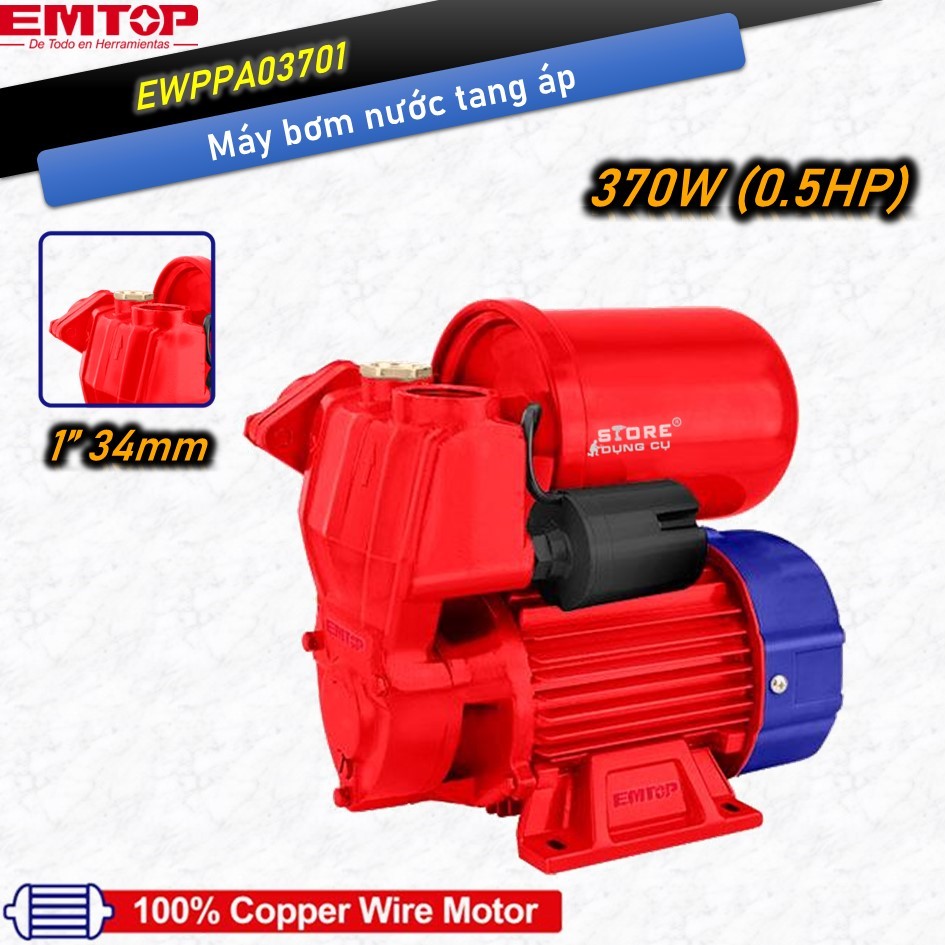 370W(0.5HP) Máy bơm nước EMTOP EWPPA03701, máy bơm nước tăng áp moto dây đồng,  máy bơm nước tự mồi