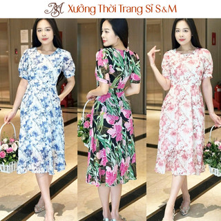 Đầm xòe họa tiết hoa cổ tròn, tay phồng, có túi - GR0326 (Hình thật shop chụp)