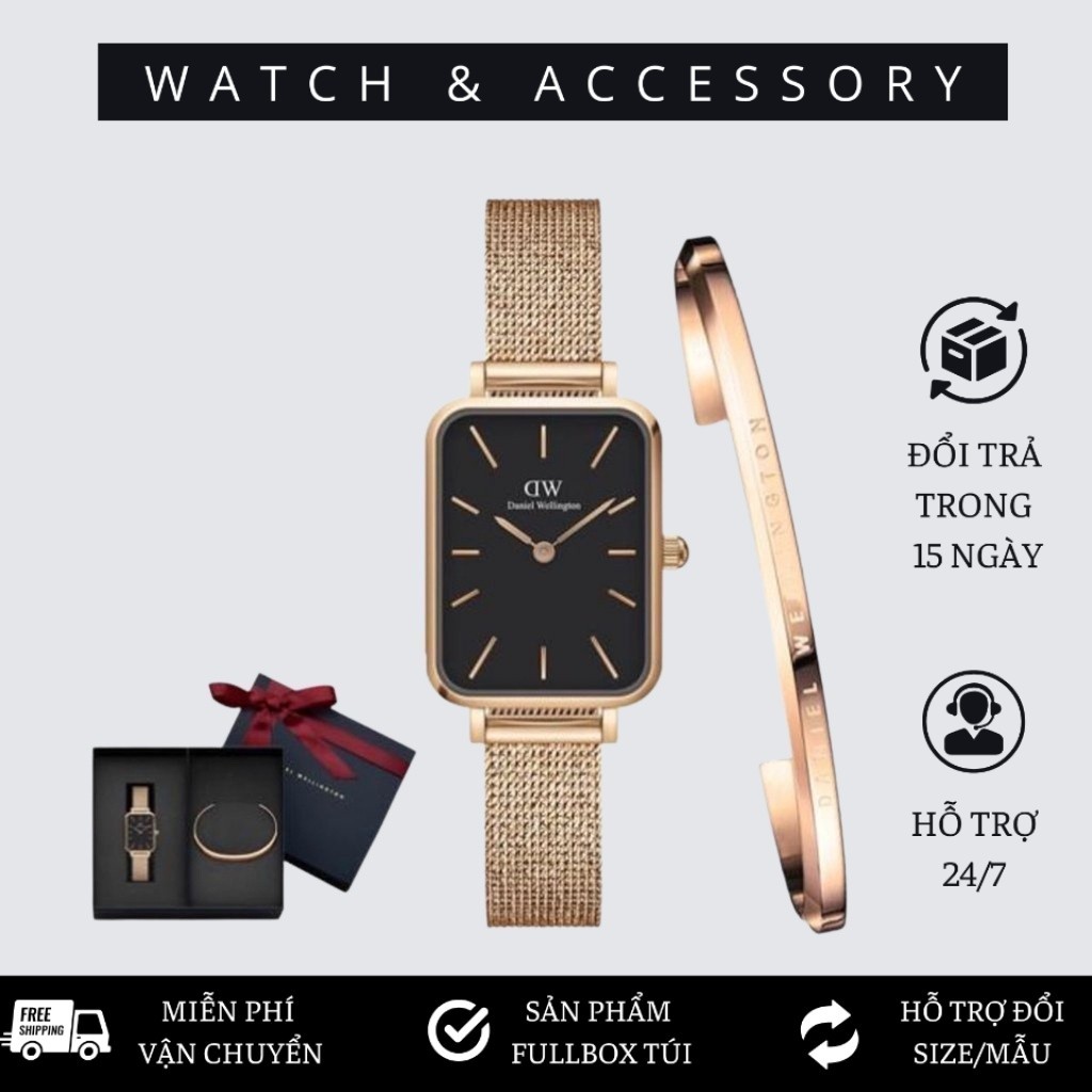 Đồng Hồ Nữ  Quadro Pressed Melrose Black & Vòng Tay Classic Cuff V1 D_W Chính Hãng - DANIEL WATCH STORE VN