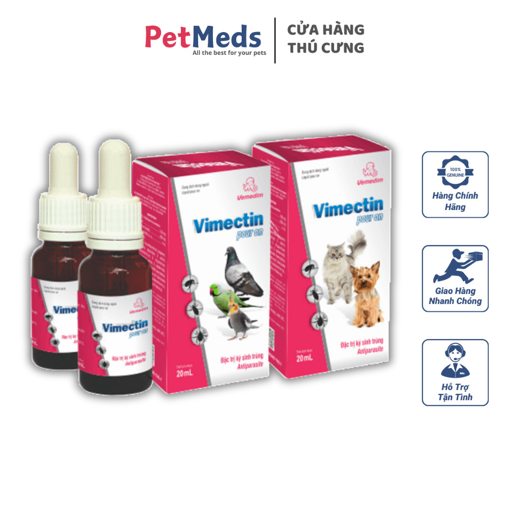 Vimectin pour on Vemedim Phòng và Tri Ve, Bọ Chét, Mạt Cho Chó, Mèo, Chim Cảnh, Gia Cầm