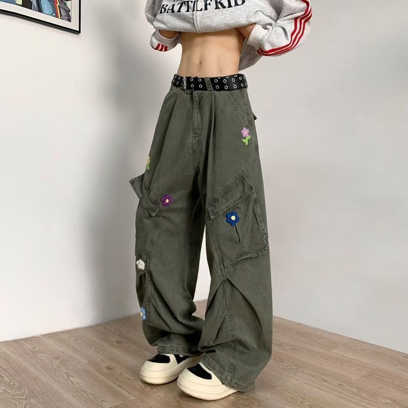 Quần jean ống rộng cạp cao thêu màu xanh lá cây cổ điển dành cho nam