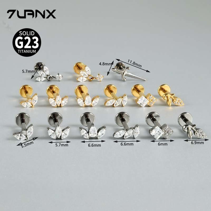 1 Mảnh Hình Lá Bên Trong Sợi G23 Titan Với Zirconia Labret Lip Stud Tai Xoắn Lobe Pinna Xuyên